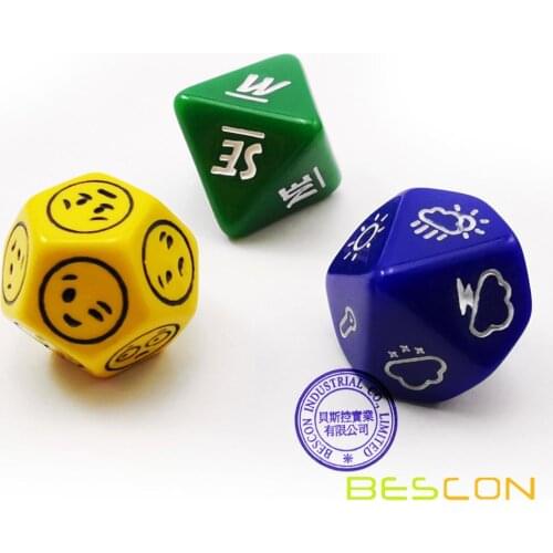 Bescons Emotion, Weather and Direction Dice Set, 3 piece Proprietary Polyhedral RPG Dice Set in Blue, Green, Yellow