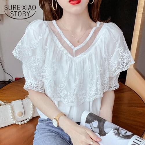 Blusas Summer V-neck Blouse 2021 New Loose Ruffled Patchwork Lace Short Sleeve Blouses Women Sweet Elegant Shirt Clothes 14288