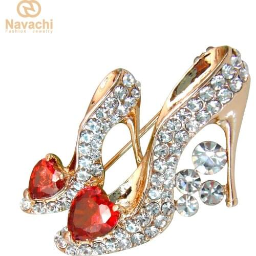 Navachi Crystal High Heel Shoe Heart-shaped Zircon Rhinestones Yellow GP Brooch Pin SMT7772