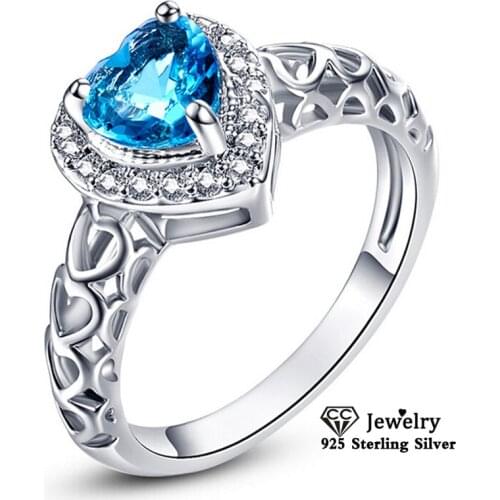 CC Ocean Blue Heart Rings for Women Romantic Wedding Ring Fine Jewelry Engagement Party Bijoux Femme Drop Shipping CC3224