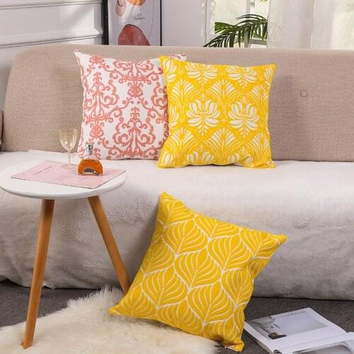 Home Decor Embroidered Cushion Yellow Pink Flower Embroidered Canvas Cotton Square Embroidered Suqare Pillow Cover 45x45cm