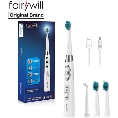 Fairywill Electric Sonic Rechargeable FW-917 Toothbrush USB Fast Charge Waterproof Electronic Tooth Replacement 3 Heads For Adu
