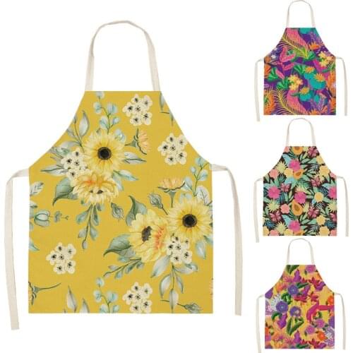 Flowers Print Cotton Linen Apron Kitchen Women Baking Waist Bib Home Cooking Brief Sleeveless Pinafore