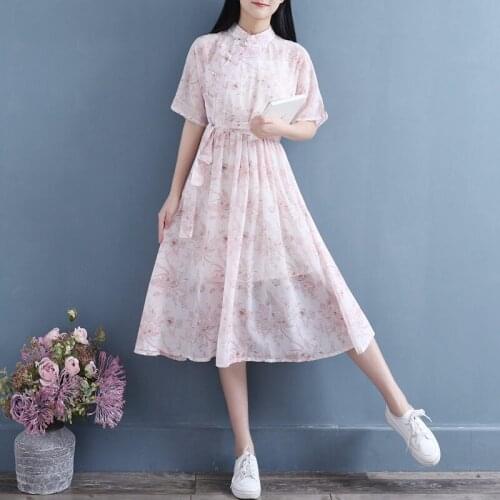 Chinese Wind Disc Buckle Cheongsam 2020 Spring and Summer Retro Mid-length Chiffon Slim Fit Dress College style Female Robe r458