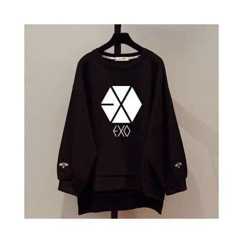Kpop EXO Spring new Korean round neck loose long section hoodies women new small bee embroidery loose sweatshirts kawaii clothes