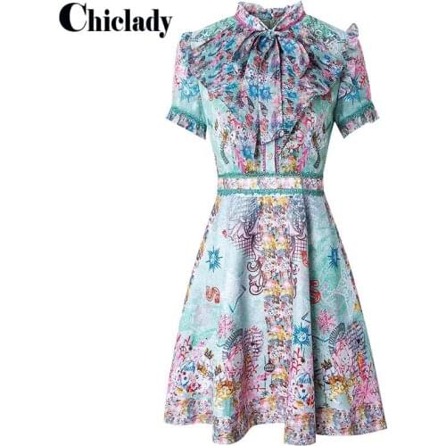 CHICLADY Fashion Designer Summer Female Floral Print Vintage Slim Dress Women Aesthetic Bow Collar Lace Up Dresses Vestidos