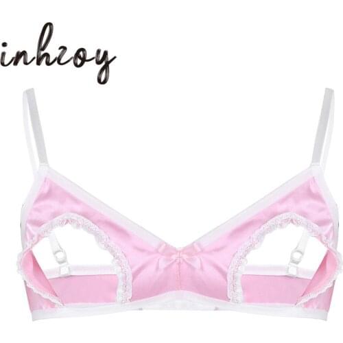 Mens Sissy Lingerie Soft Smooth Satin Adjustable Spaghetti Straps Open Cups Wire-free No Padded Lace Bralette Sexy Gay Male Bra