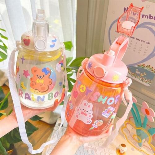 1300 ML Large Capacity Water Bottles With Straw Strap Outdoor Sports Plastic Drinking Bottle Cute Kids Sticker Sippy Water Cup