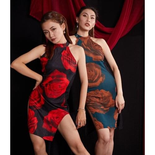 Latin Dance Dress Female Adult Sexy Sleeveless Rose Print Practice Dress Tango Cha Cha Rumba Samba Salsa Dancewear Lady DNV12267