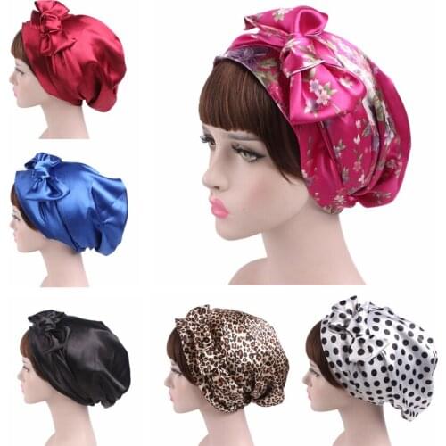 Lovely Bow Knot Women Hijab Satin Bonnet Cap Turban Head Cover Nightcap Flower Print Beanie Chemo Hair Loss Patients Cancer Cap