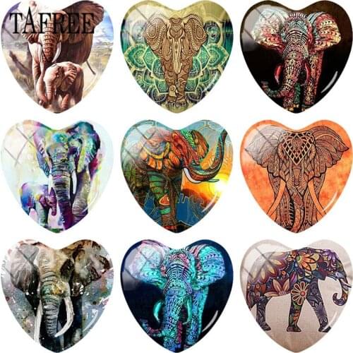 TAFREE Heart Shape Glass Cabohcon 25mm Elephant Art Pictures Dome Base Cover Pendant Cameo Settings