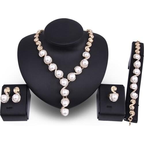 Women Pearl Inlaid Rhinestone Necklace Bracelet Stud Earrings Ring Jewelry Set
