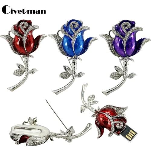 USB Flash Drive 128GB Crystal Rose Flowers Brooch Pendrive Memory Storage 64GB 32GB 16GB 8GB USB Stick 256G Pen Drive for Ladies