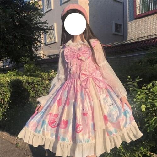 Japanese Sweet Kawaii JSK Lolita Dress Women Gothic Cartoon Sleeveless Strap Dress Cute Bow Lace Princess Tea Party Dresses Girl