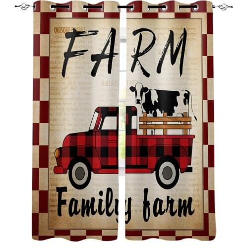 Farm Cow Vintage Truck Retro Old Newspaper Red Plaid Blackout Curtains Kitchen Bedroom Kids Room Window Curtains for Living Room