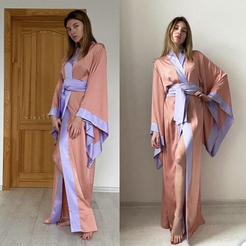 One Piece Women Sleepwear Contrast Color Bride Robes Kimono Robe Satin Night Gown with Sash Sleepwear