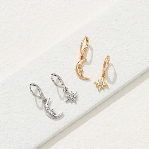 Lost Lady 2021 Trendy Star and Moon Pendant Hoop Earrings Punk Geometric Moon Dangle Drop Earring For Women Jewelry Gift Party