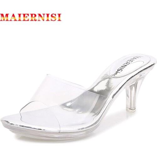 MAIERNISI Womens Shoes High Heels Slippers 2021 New Summer Butterfly Platform Transparent light Outside Slide Sexy Ladies Shoes