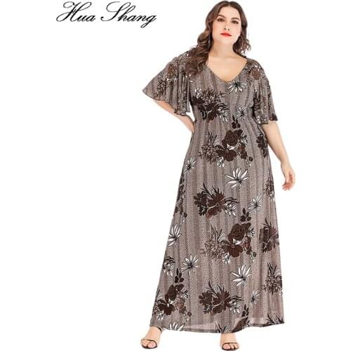 Plus Size Dress Women 2021 Autumn V Neck Flare Short Sleeve Floral Print Vintage Dress Elastic High Waist Tunic Casual Dresses