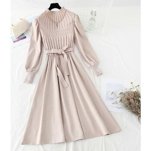Woman Knitted Dress 2021 New Autumn Long Sleeve Women Sweater Dresses Knitted Vintage Elegant Mid-Calf Dress