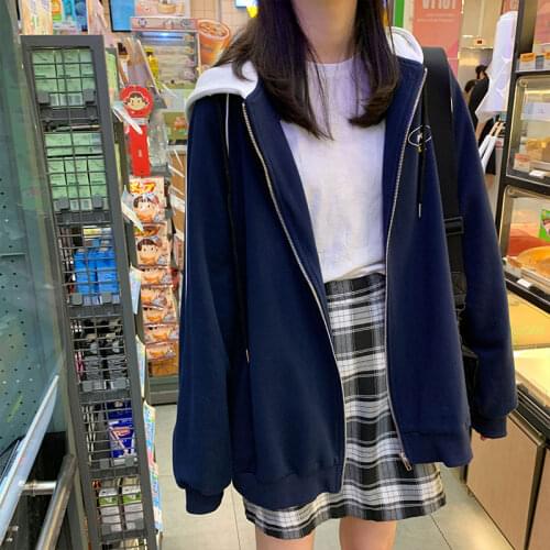 2 colors 2020 korean style print Women sweatshirt Hooded Coats Warm Zipper loose hoodies Tops winter streetwear womens clothes