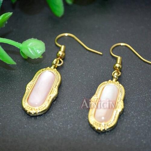 Natural Pink Shell Rectangle Oval Shape Gold Plating Hook Earrings Fashion Women Dangle Earrings White Black Jewelry 3Pairs
