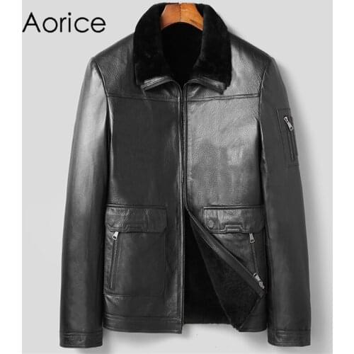 Aorice Men Genuine Sheep Skin Leather Jacket Wool Fur Liner Coat Male Brand New Winter Fur Parka Jackets Coats MT119