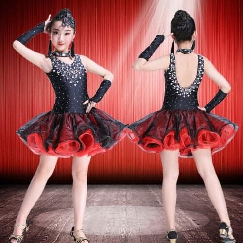 New stylel Girls Children Kids Latin Rumba Salsa Dance Dress Sexy Sleeveless Back Straps Fluffy Diamond bead Skirt Stage Dress