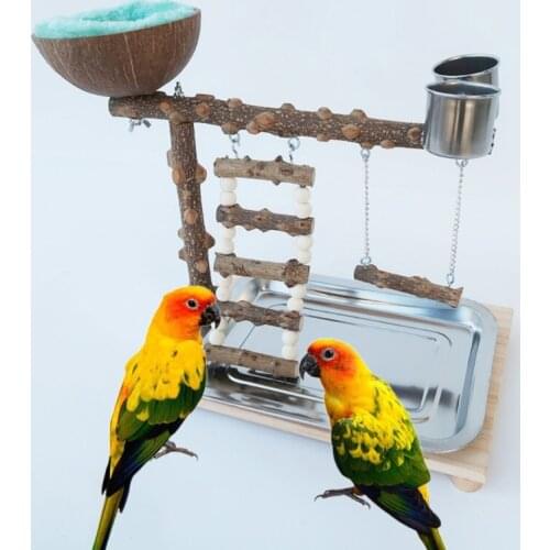 Parrots Playground Bird Wood Perch Gym Stand with 2 Feeder Cups Coconut Nest