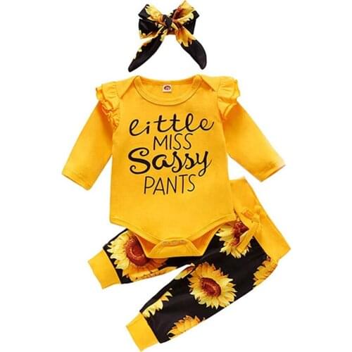 Baby girl clothes long sleeve hoodie ruffle fall top + floral long pants + adorable bowknot headband 3 pcs clothes outfits set
