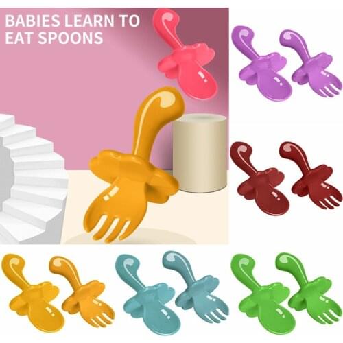 2 Pcs/Pack Short Handle Baby Feeding Fork And Spoon Colored Safety PP Baby Training Spoon Childrens Tableware Set Free Shipping