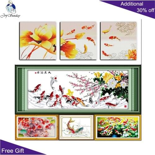 Joy Sunday Fish D024(4)D026D157D164D166 Fish Flowers Fortunes In Flourishing Ages Carps Surplus Year After Year Cross Stitch Set
