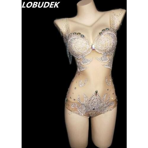 Sexy Stretch Nude Mesh Transparent Rhinestones Bodysuit With Veil Nightclub DJ Pole Dance Costume Party Show Leotard Stage Wear