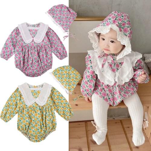 2020 Fall Spring Toddler Girls Clothes Newborn Infant Long Sleeve V-neck Floral Print Bodysuits Top + Lace Hat Set 0-24M Outfits