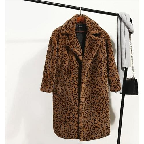 Autumn and winter womens fashion rabbit hair fur coat outerwear ladys winter leopard print tailored collar long thick coat