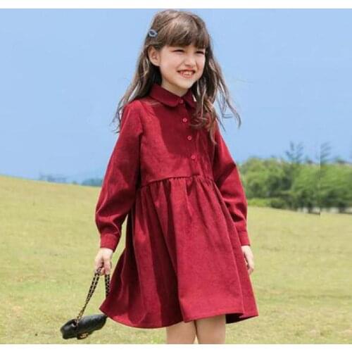 Wedding Party Long Sleeve Dress For Girls Lovely Turn Down Collar Loose Hem Mid Length Gowns Girls Sweet Daily Autumn Dresses