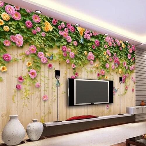 Custom Mural Wallpaper Green Vine Butterfly Rose Flower Wood Board Backdrop Decoration Painting Mural Living Room TV Wall Paper