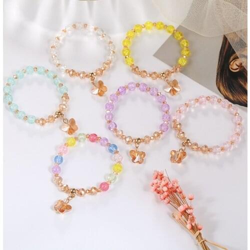 Popular Floral Crystal Bracelet Colorful Glitter Bead Jewelry Pink Crystal Butterfly Glass Jewelry Girlfriends Bracelet