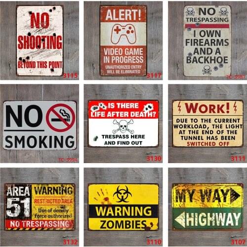 No Smoking No Shooting Vintage Metal Plate Alert Video Game In Progress Warning Area 51 Zombies for Bar Gamer Room Decoration