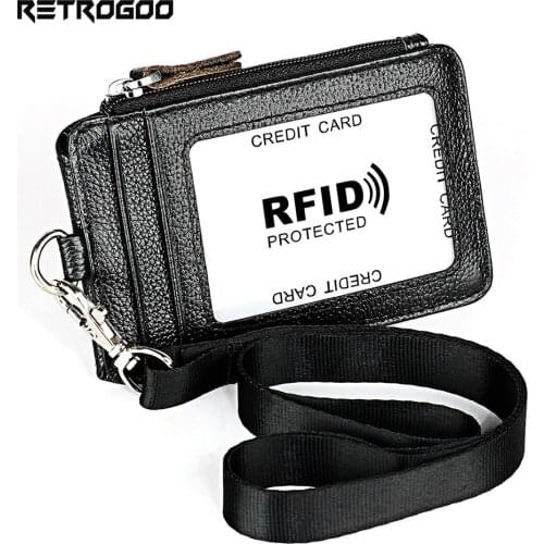 RETROGOO Genuine RFID Blocking Business ID Card Holder With Lanyard Credit Card Holder Purse Small Wallet Ultra Slim Card Holder