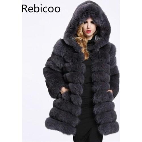 Elegant Faux Fox Fur Coat Women Winter casual Warm Luxury Fake Fur coat Fashion fluffy Coats Female Hooded Jacket Overcoat