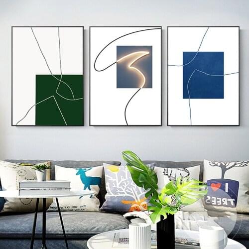 Modern Abstract Lines Blue Green Squares Canvas Painting Wall Art Nordic Posters and Prints Wall Pictures for Living Room Decor