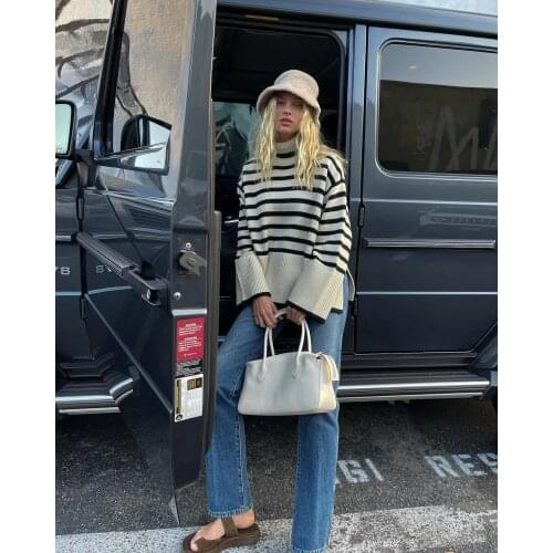 2021 Women Vintage oversize striped Long Sleeve Knitted Sweater Female Mock Neck Elegant Pullover Streetwear Casual Chic Top