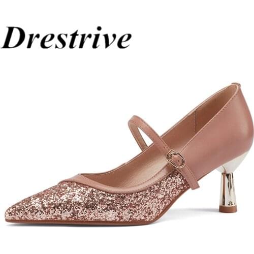 Drestrive Women Pumps Pointed Toe Bling Buckle Cow Leather Patchwork 2021 Summer High Heel Shoes Mary Janes Beige Dress