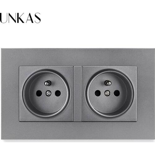 UNKAS Gray PC Plastic Panel High Quality 146mm * 86 mm French Standard Dual Socket Luxury Wall Power Outlet Electrical Plug Grey