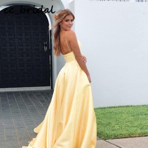 Gorgeous Light Yellow Prom Dress 2020 Sexy V-neck Women Dress Long Elegant Party With Pocket rochii de ocazie Free Shipping