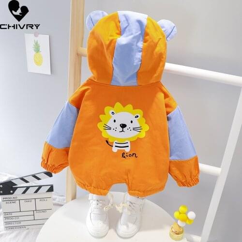 New 2021 Spring Autumn Baby Boys Coat Kids Jackets Girls Outerwear Fashion Hooded Cartoon Lion Print Zipper Windbreaker Clothing