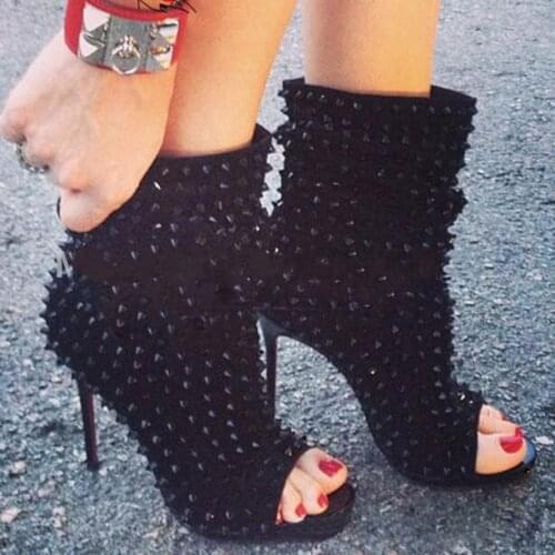 2019 Spring women boots in Rivets Studded Super High Heel Black and Green Shoes with Sexy Open toe Thin Heels