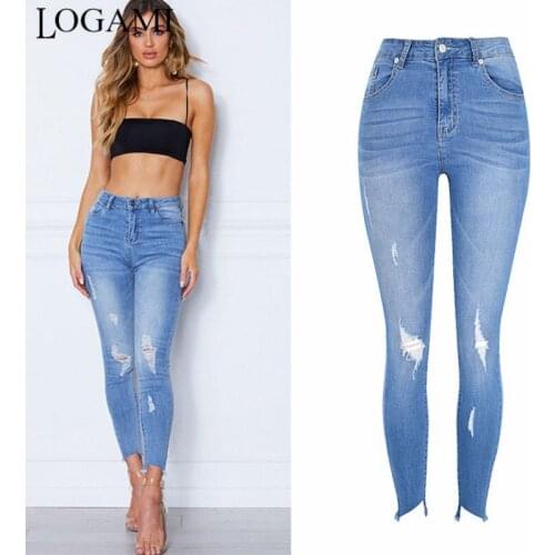 LOGAMI High Waist Ripped Jeans Woman Summer Autumn Pencil Jeans Womens Elastic Denim Pants 2019 New