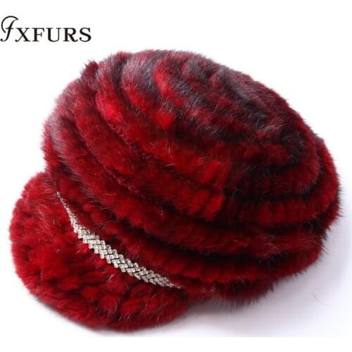 2020 New Winter Women Knitted Mink Fur Hats Peaked Mink Caps with Diamond Fashion Real Fur Beanies Visors Girls Causal Headgears
